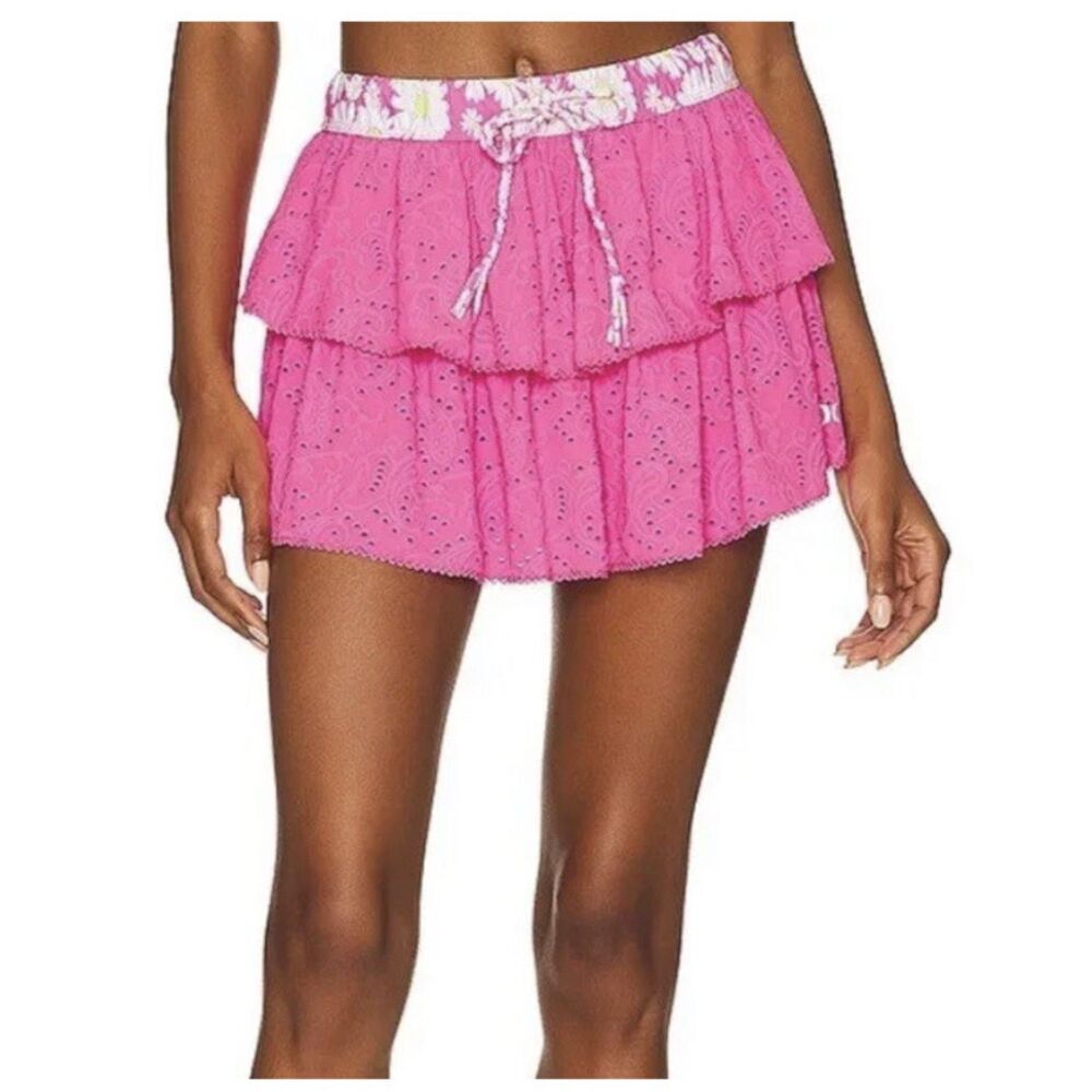 LoveShackFancy x Hurley Tiered Mini Skirt in Eyelet Paisley Pink, XS (C6)